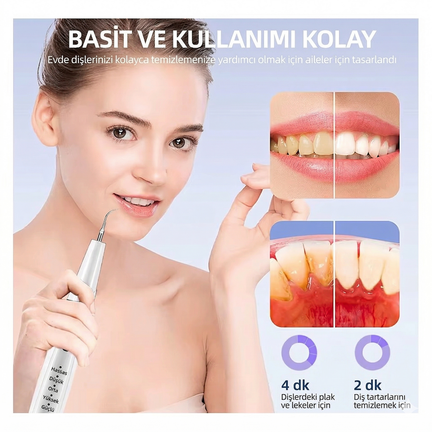 OraluxPro Ultrasonik Diş Taşı Temizleme Cihazı – LED Işıklı, 5 Mod, 3 Yedek Başlık