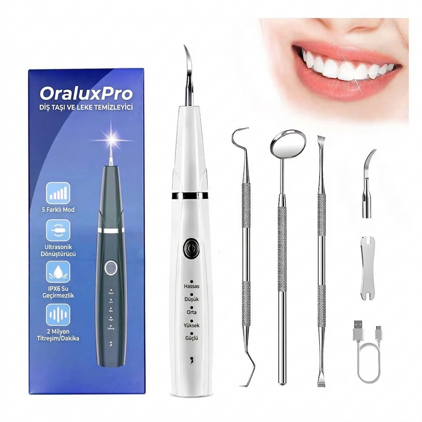 OraluxPro Ultrasonik Diş Taşı Temizleme Cihazı – LED Işıklı, 5 Mod, 3 Yedek Başlık
