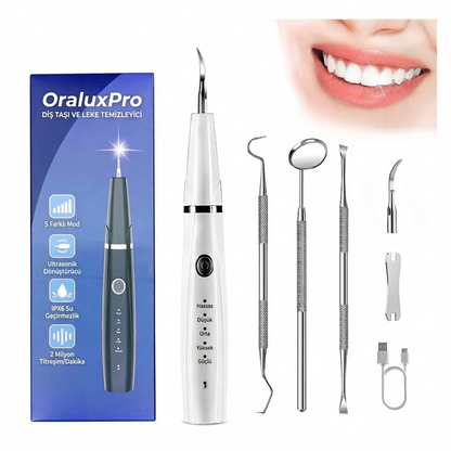 OraluxPro Ultrasonik Diş Taşı Temizleme Cihazı – LED Işıklı, 5 Mod, 3 Yedek Başlık